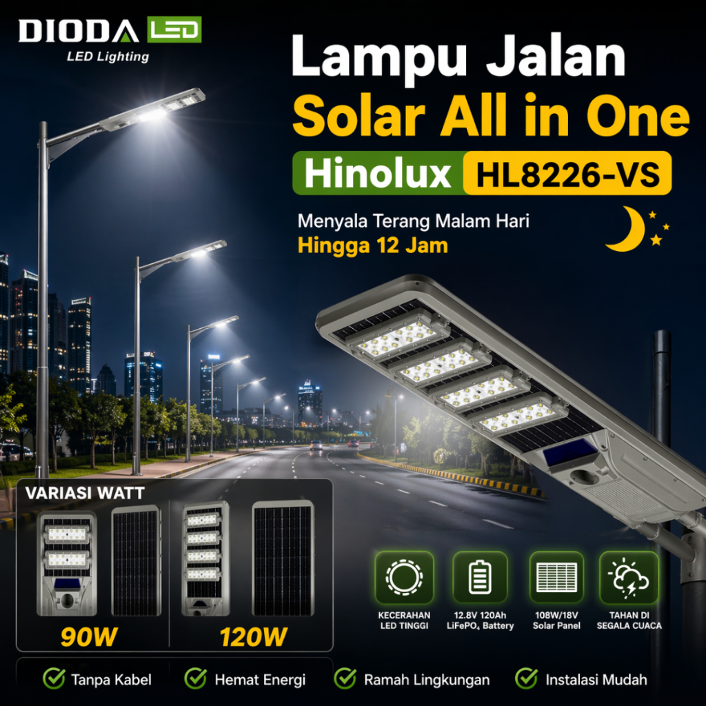Lampu Jalan Solar All In One Hinolux HL8226-VS 90W 120W PJU Tenaga Surya Outdoor Hemat Energi IP66