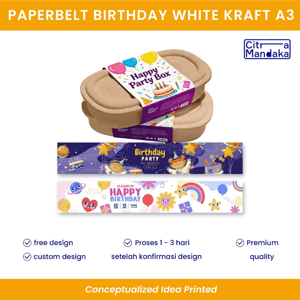 Paper Belt Birthday Bento Box Ulang Tahun Premium White Kraft A3 | Label Bento Ulang Tahun Anak | Be