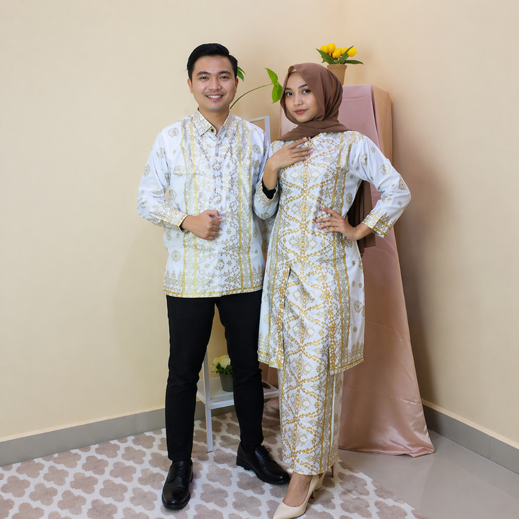 Baju Songket Palembang Couple | Yoko Songket | Set Rok Batik Cantik Manis Putih Keluarga Elegan