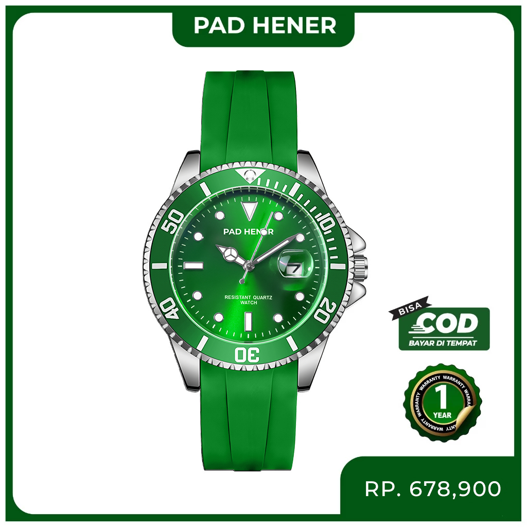 PAD HENER SKY MASTER Green Rubber Jam Tangan Unisex Analog Original Water Resistant Tanggal Aktif