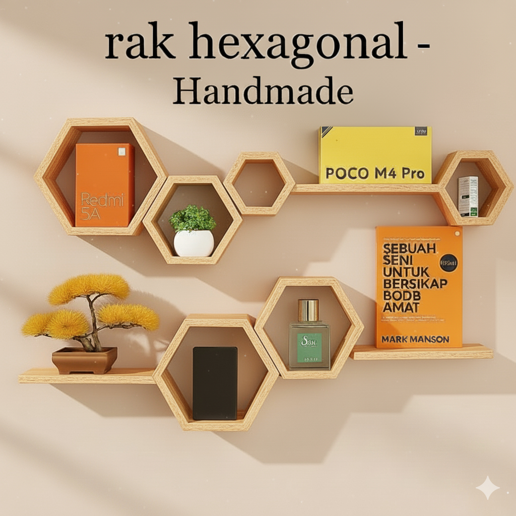Rak hexagonal dinding hexagonal 1set ambalan hiasan dinding rak hexagonal estetik kayu pajangan kayu