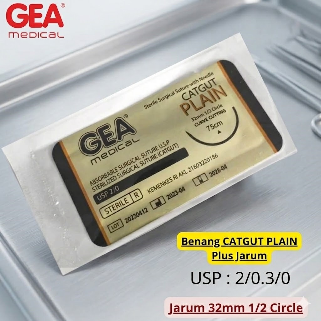 (ECER) GEA Catgut Plain 2/0 & 3/0 + Jarum Jahit Luka Steril