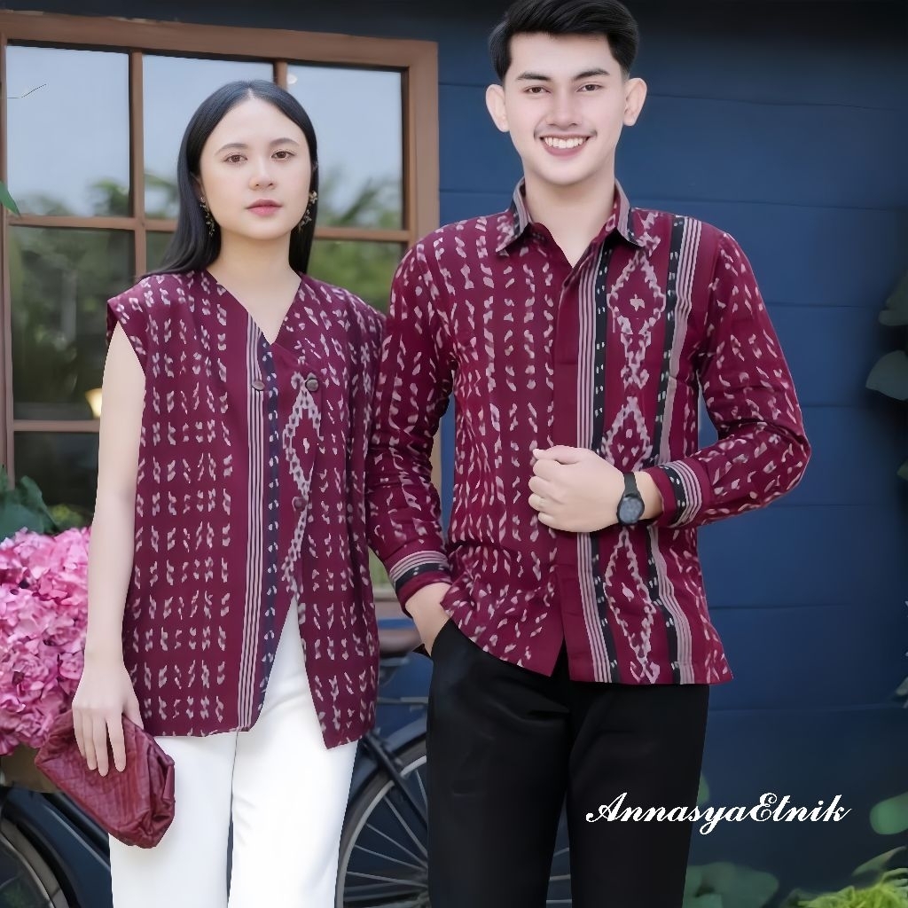 Set Couple Batik Tenun-Rompi Wanita-Kemeja Pria-Atasan Batik Kerja Wanita-Seragam Kantor