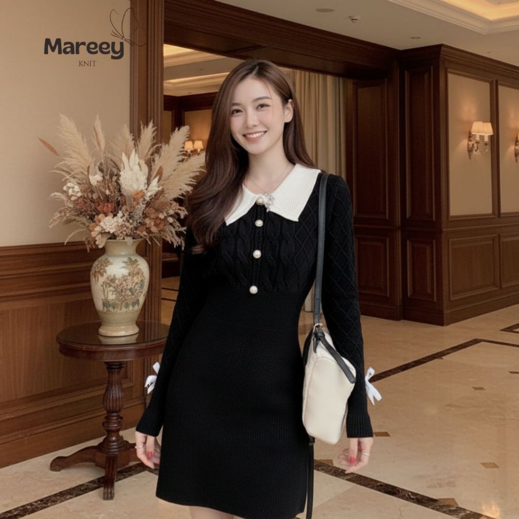 Mareey - Schefflera Long Dress Rajut Woll Kancing Lengan Panjang (STA)