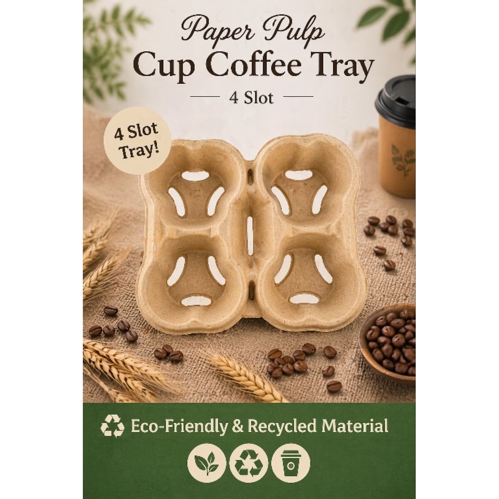 Tatakan Gelas Kopi Take Away || Cup Coffee Tray 4 Slot Paper Pulp || Holder Minuman 4 Lubang Eco Fri