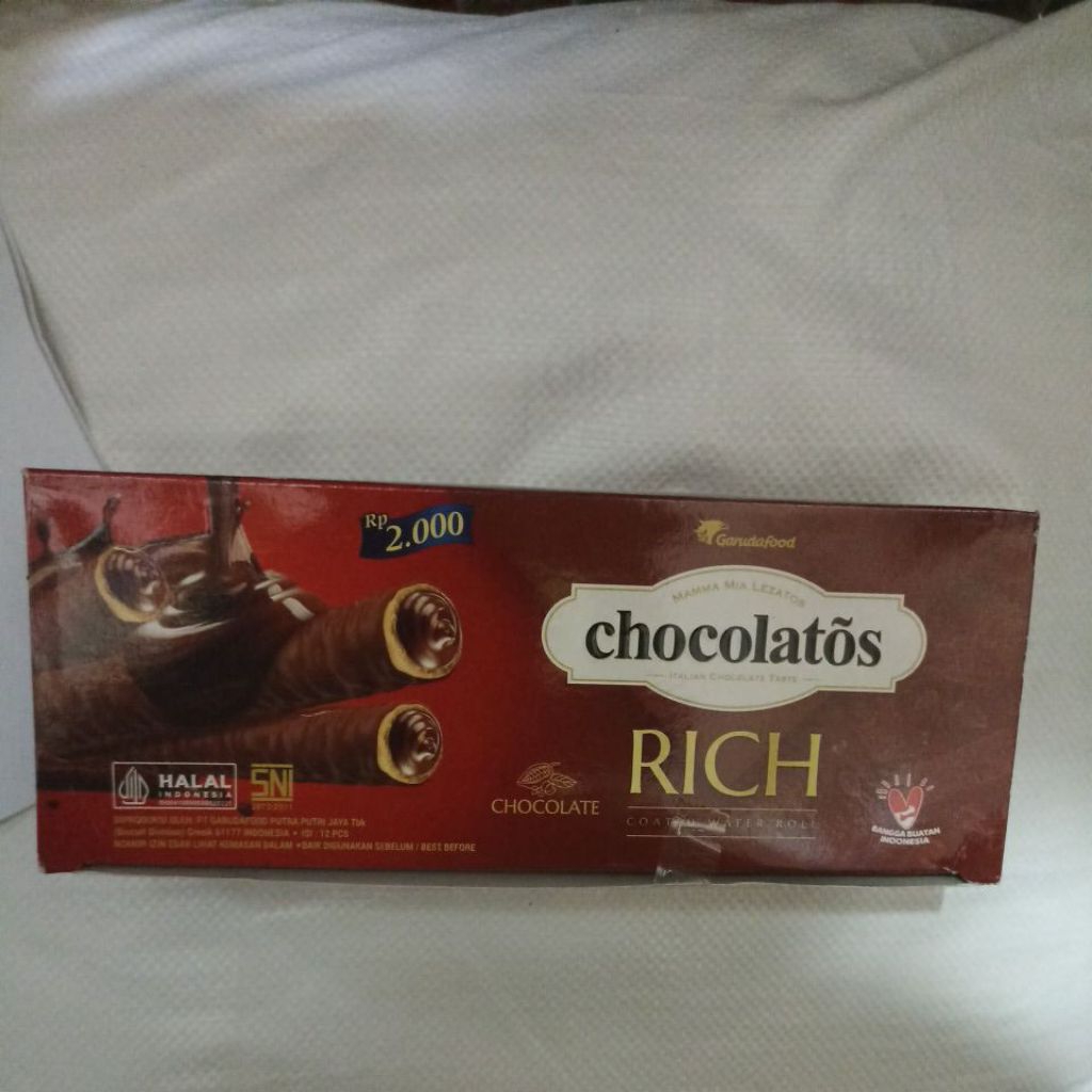Chocolatos Rich Wafer Roll - 12 pcs, Rasa Coklat Italia, Krim Coklat Berlimpah