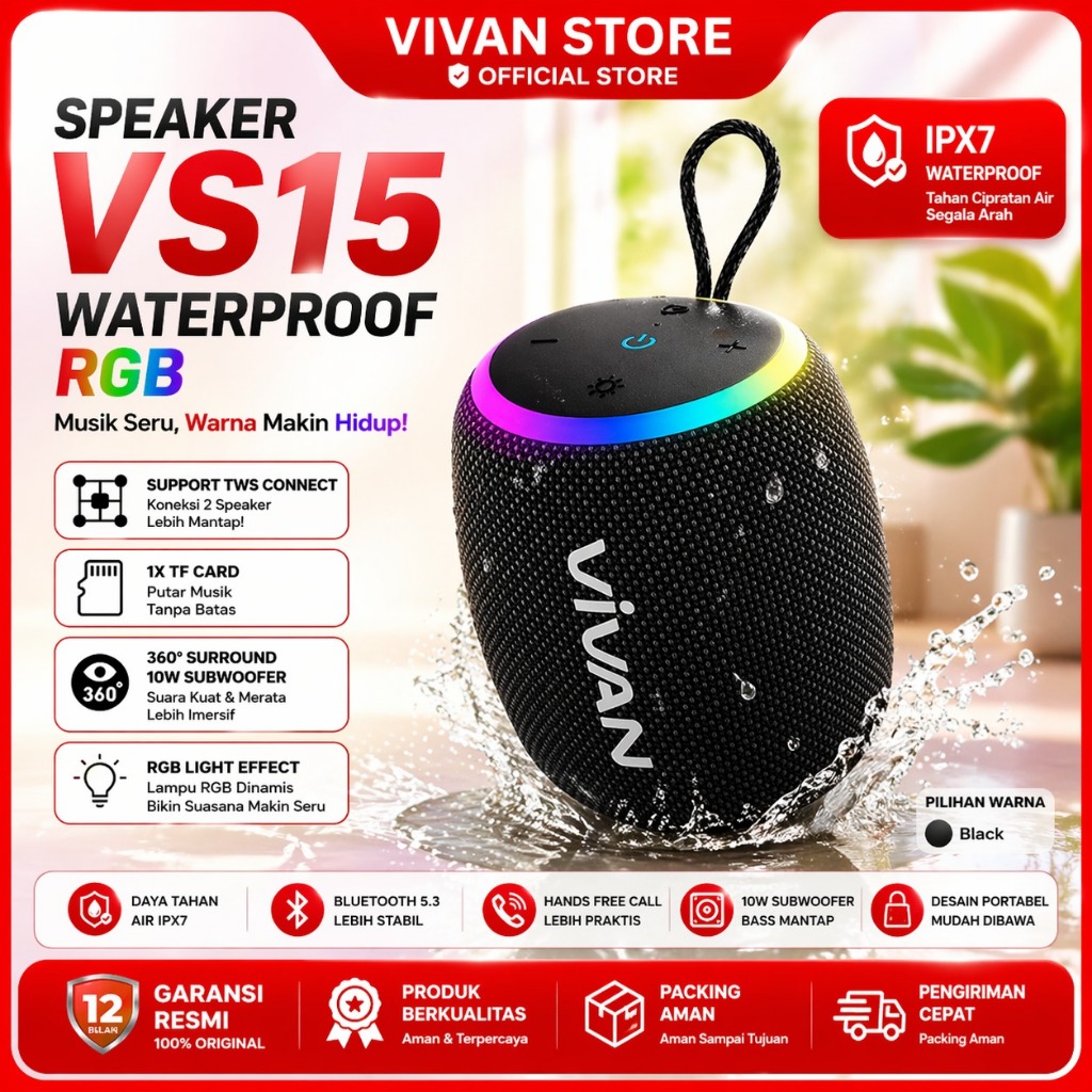 VIVAN VS15 Bluetooth Speaker Surround Sound 360° Waterproof Ipx 7
