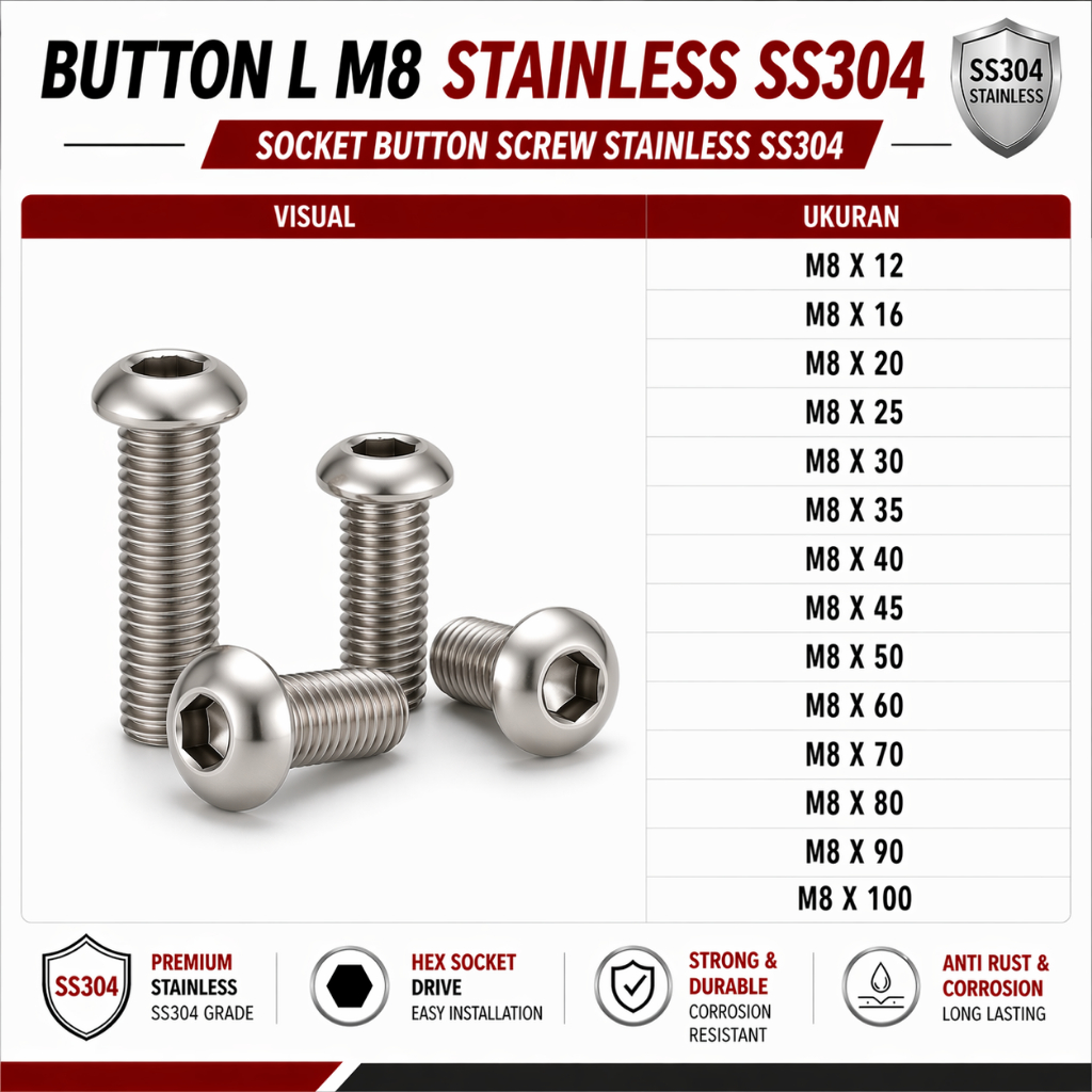 Button L M8X25 / Baut L Button 8X25 / M8 X 25 / 8 X 25 - Socket Button Screw Stainless SS304
