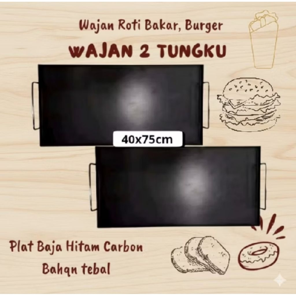 Wajan Roti Bakar 2 Tungku Ukuran 40x75 Cm / Roti Jhon / Wajan Panggangan Barbeque/ Wajan Anti Lengke