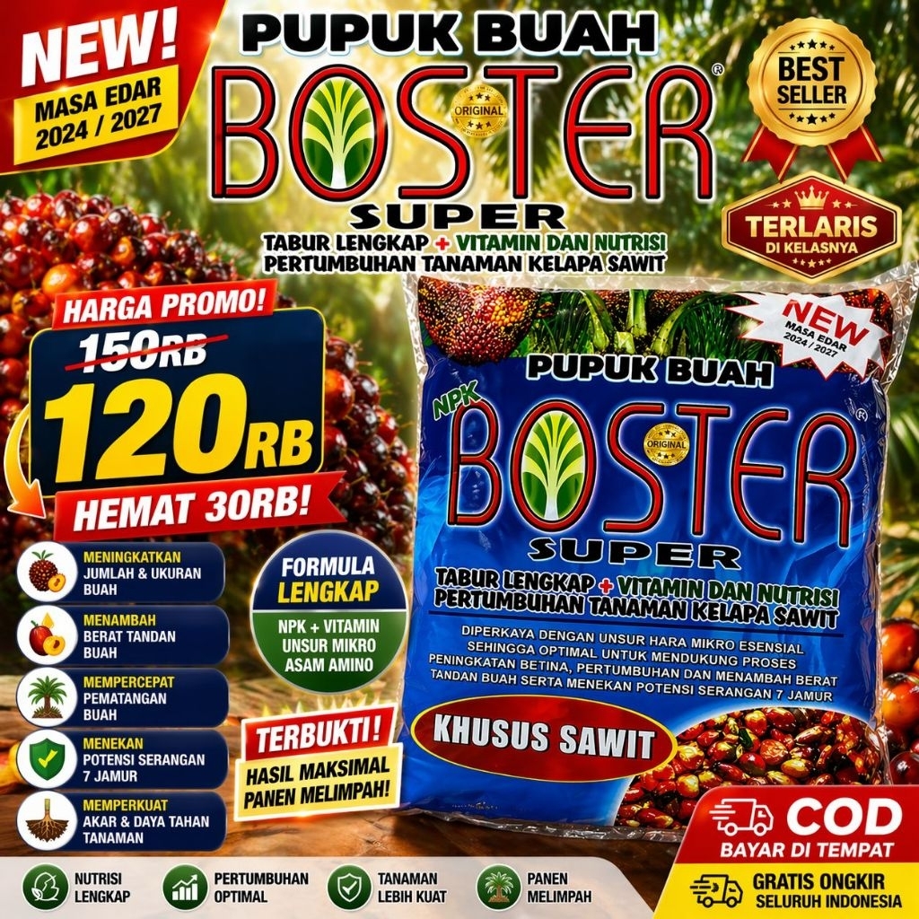 Pupuk Buah Sawit NPK Boster Super Asli – Nutrisi Lengkap + Vitamin Tanaman Kelapa Sawit, Hasil Maksi