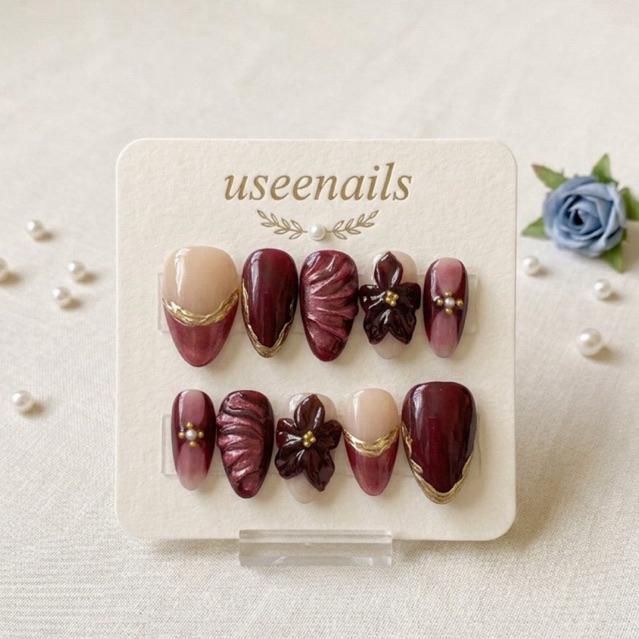 Kuku Palsu 3D Press On Nails Motif Cat Eye Elegan Maroon / Fake Nails / Nail Art Maroon