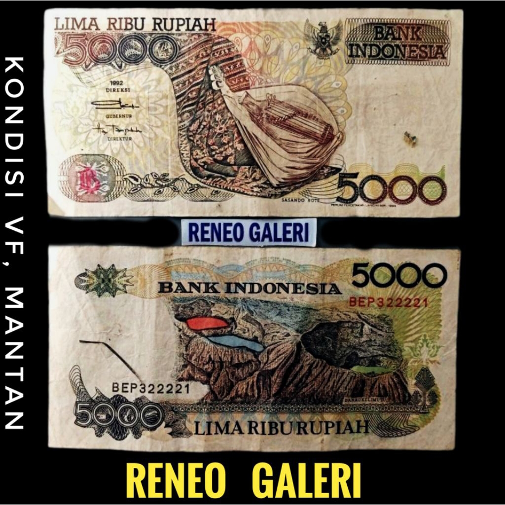 VF 5000 Rupiah Sasando Rote Tahun 1992 uang kertas kuno duit lama Indonesia asli original Rp 5.000 D