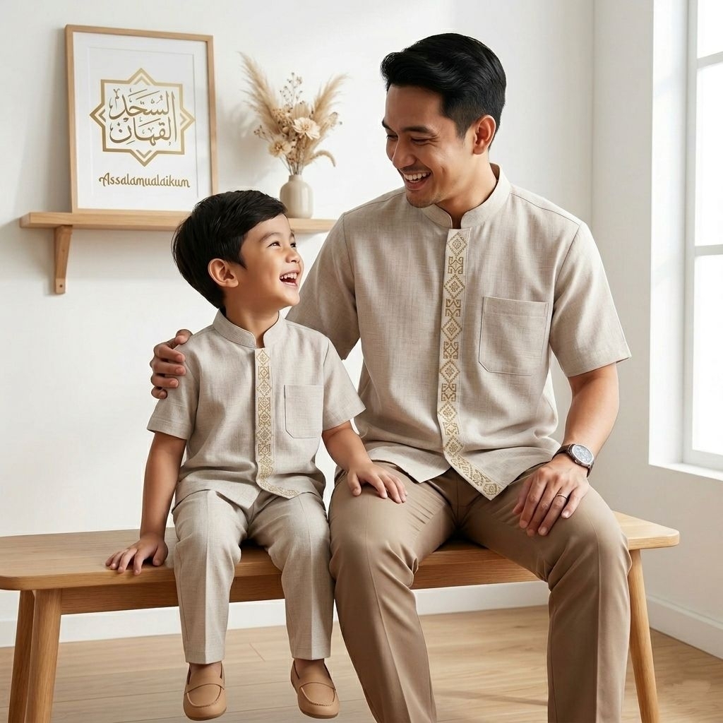Baju koko couple ayah dan anak/Baju muslim ayah dan anak couple linen bordir