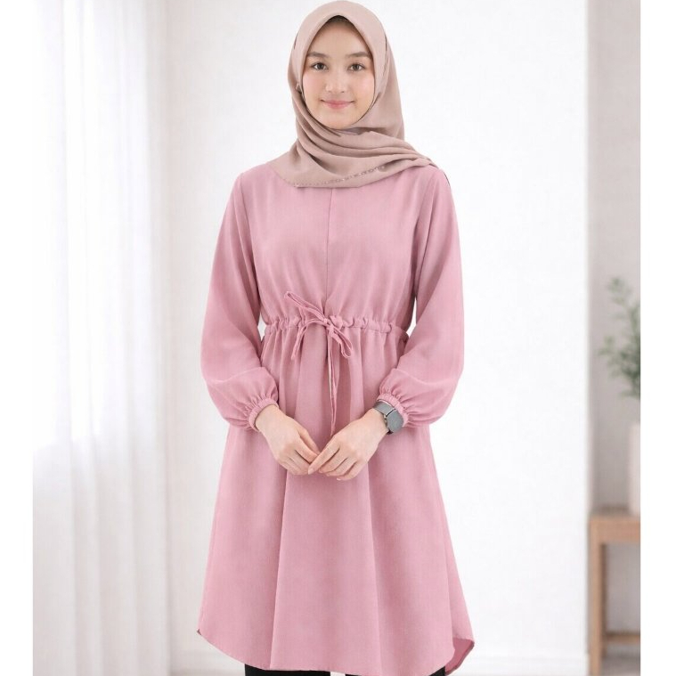 Tunik Wanita Muslimah Dusty Pink Serut Pinggang Lengan Balon Premium Atasan Hijab Kekinian | Tunik H