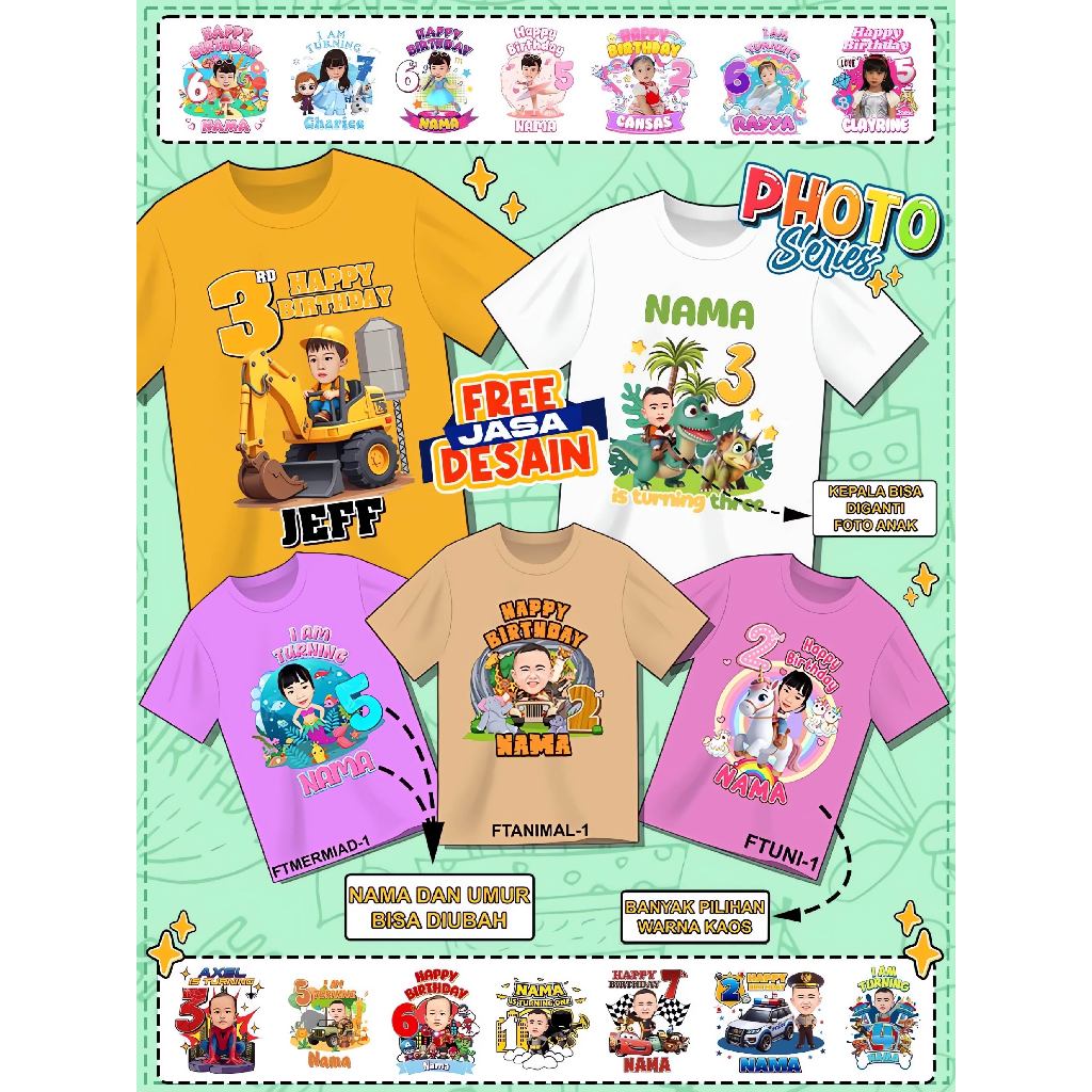 Kaos Custom Ulang tahun Kaos Ultah karakter pake Foto Anak Kado ulang tahun Kado Ultah
