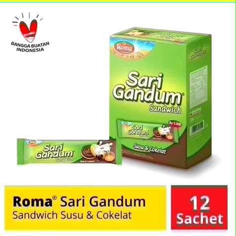 12 Pcs Biskuit Sandwich Roma Sari Gandum Rasa Susu Cokelat, Peanut Butter