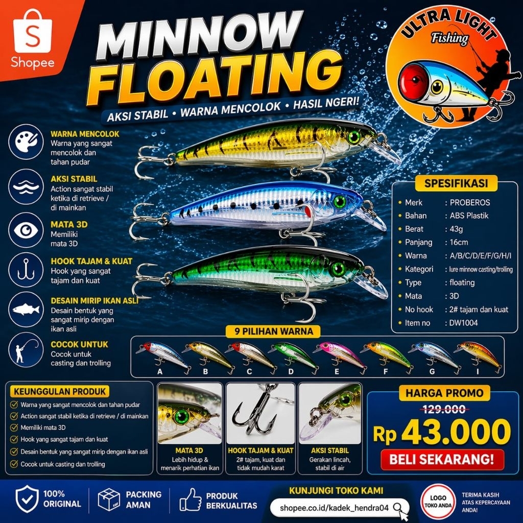 h 090. Proberos lure minnow floating 43gr