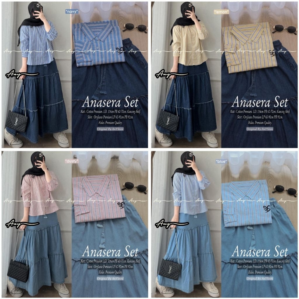 kanva aluna vinya one set rok jeans by A.N.Y kemeja stripe wanita baju blouse garis garis rok panjan