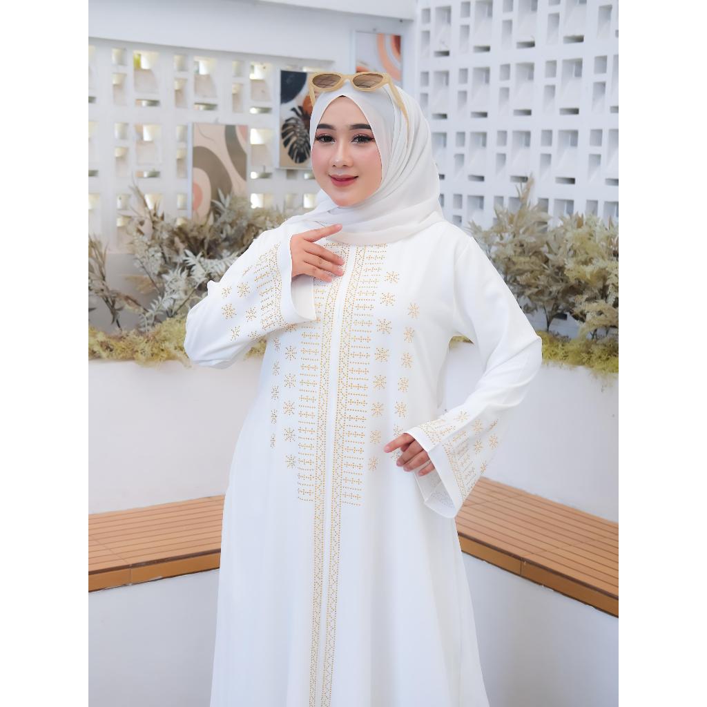 Gamis Putih Wanita Mewah Abaya Putih Turkey dengan Bordir Renda Coklat