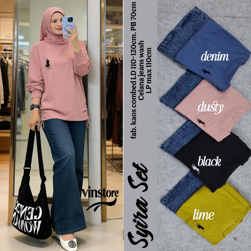 Syira Setelan Wanita Celana Jeans Cutbray dan Atasan Kaos Combed