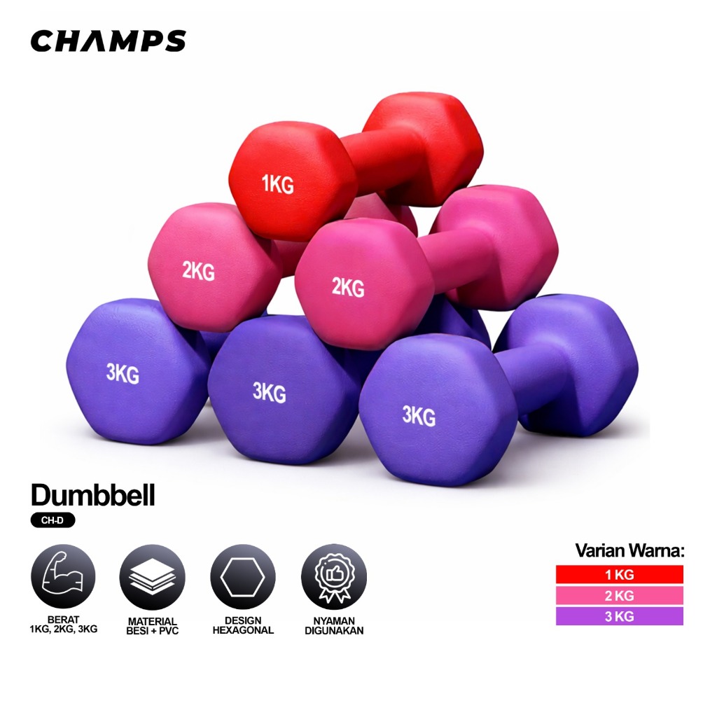 CHAMPS Dumbbell Neoprene PVC 1-3KG – Barbel Fitness Anti Slip, Alat Gym Rumah Murah Pemula