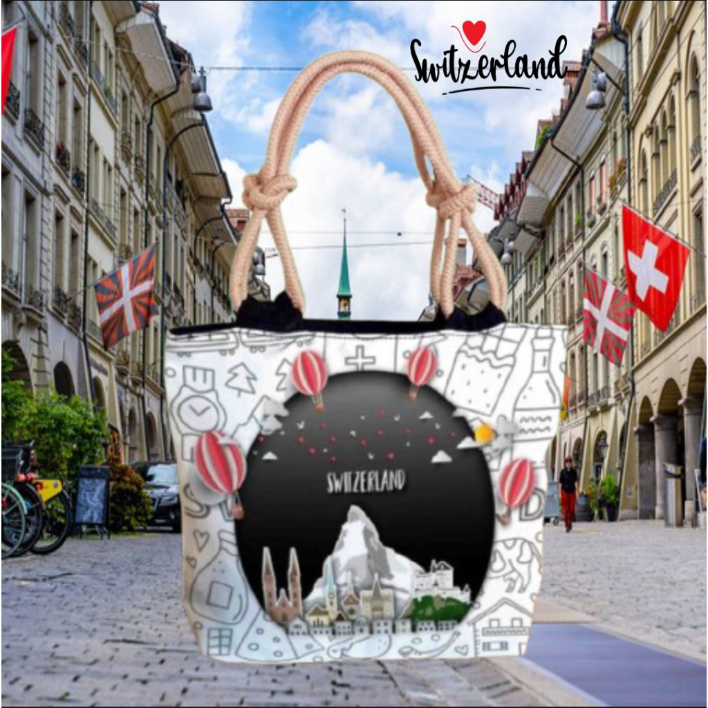 tote bag - tali sumbu motip negara switzerland souvenir oleh²switzerland