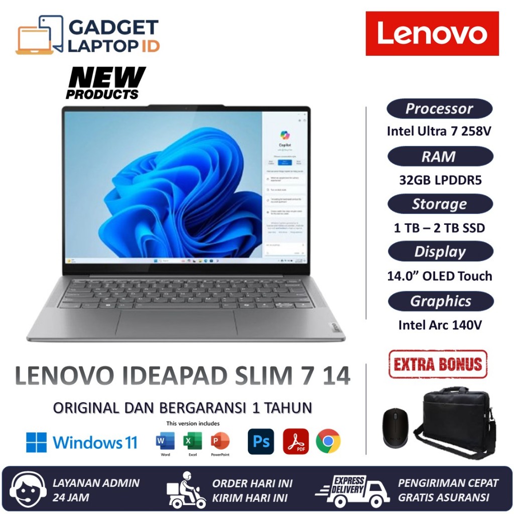 Laptop LENOVO Slim 7i 14 OLED Ultra 7 258V 32GB DDR5 2TB SSD Touchscreen Windows 11 Baru + Office 20
