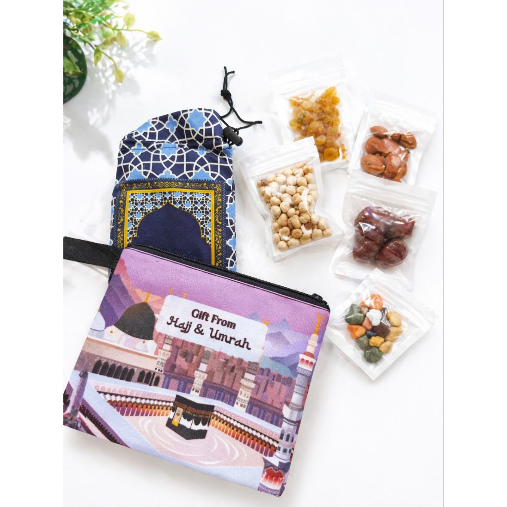 Oleh-oleh Haji Umroh Sajadah dan snack Kurma kismis Kacang Arab coklat