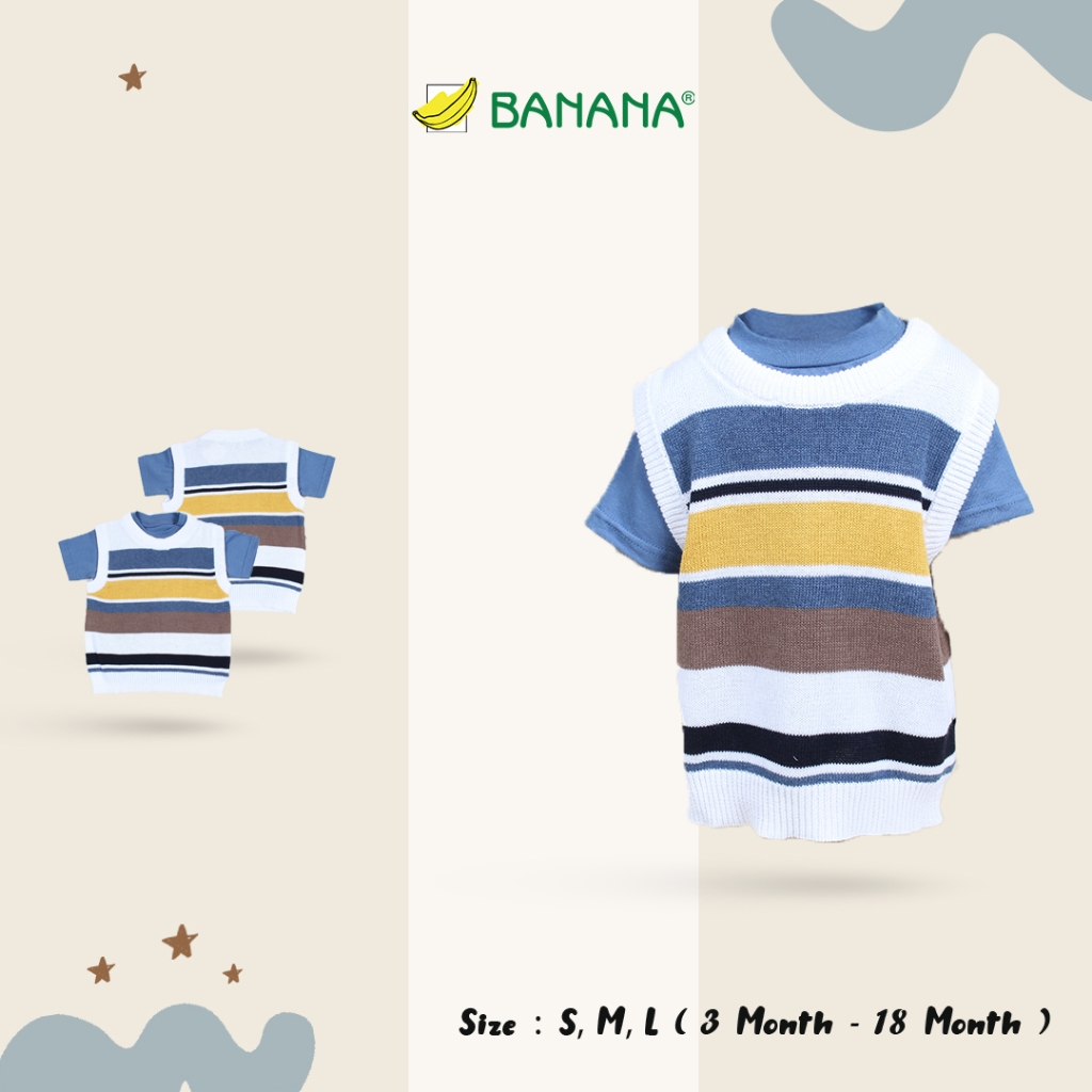BANANA Set Vest Rompi Rajut Putih + Kaos Denim Bayi Laki-Laki 3-18 Bulan
