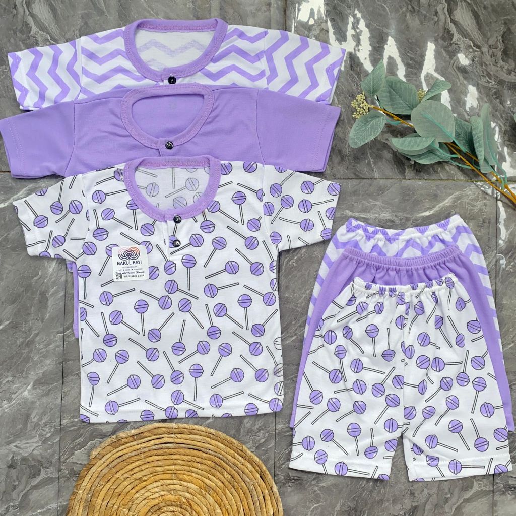 Baju Bayi Perempuan Isi 3 Pcs Setelan Bayi Pendek Usia 3-12 Bulan Pakaian Sehari Hari anak Bayi Cewe