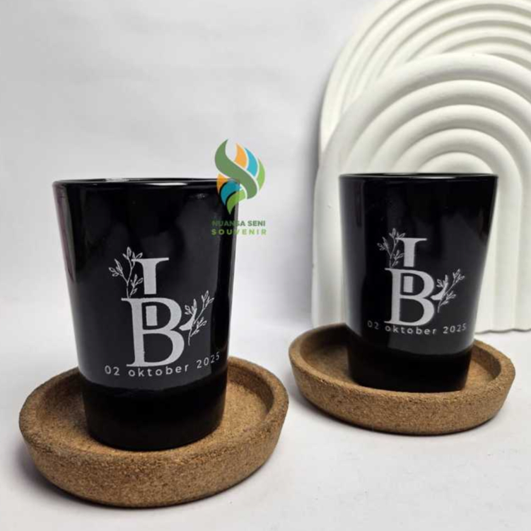 Souvenir Gelas Jamu Kaca Doff Hitam Cangkir Kopi Tumbler Mug Minum Beling Sablon
