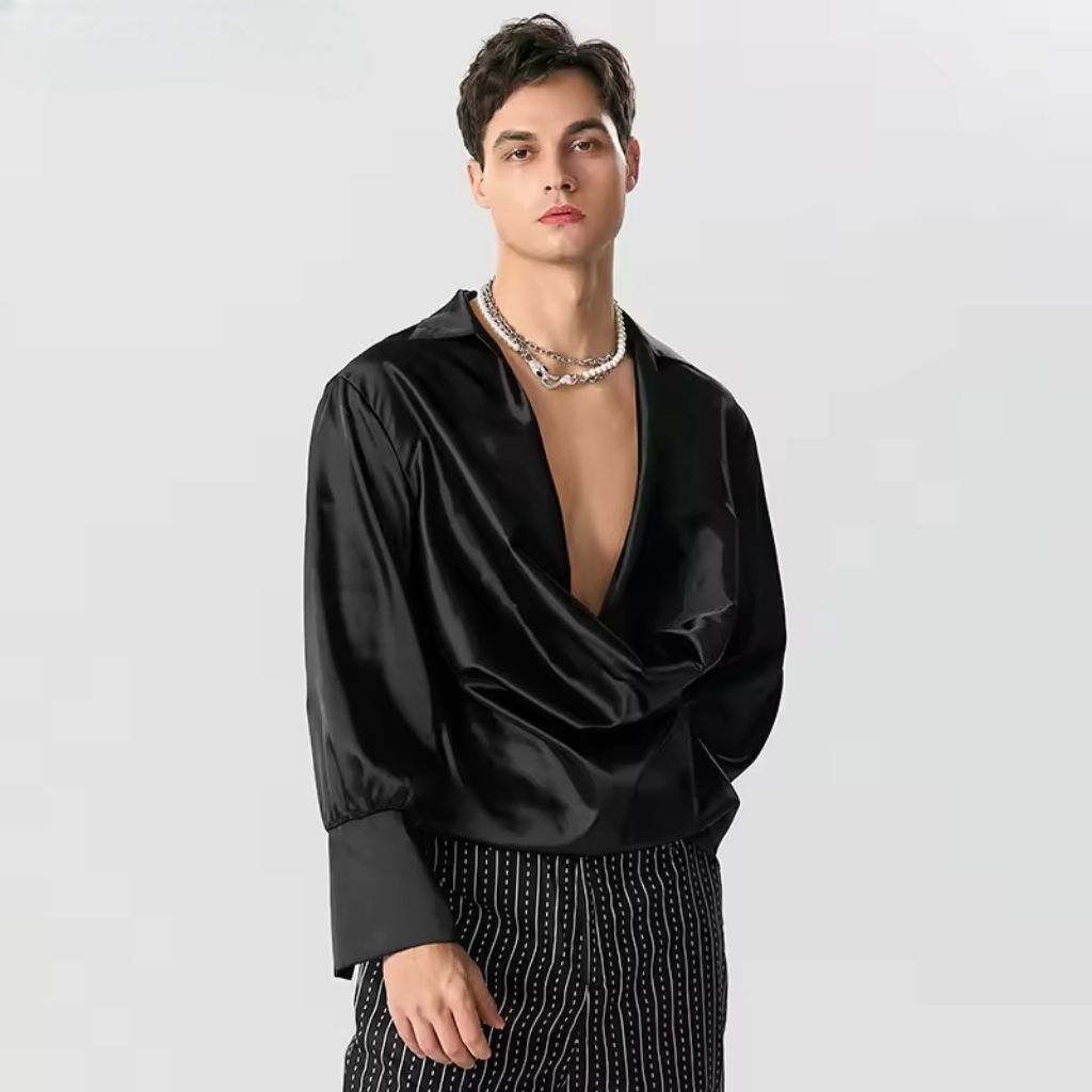 kemeja Pria V neck Shiny