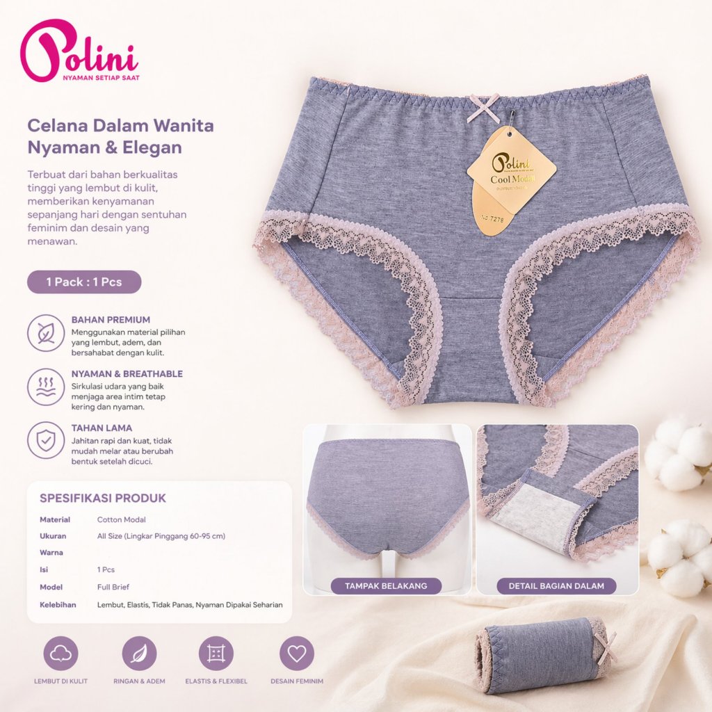 POLINI Celana Dalam Wanita Renda Bahan Katun Midwaist 7275