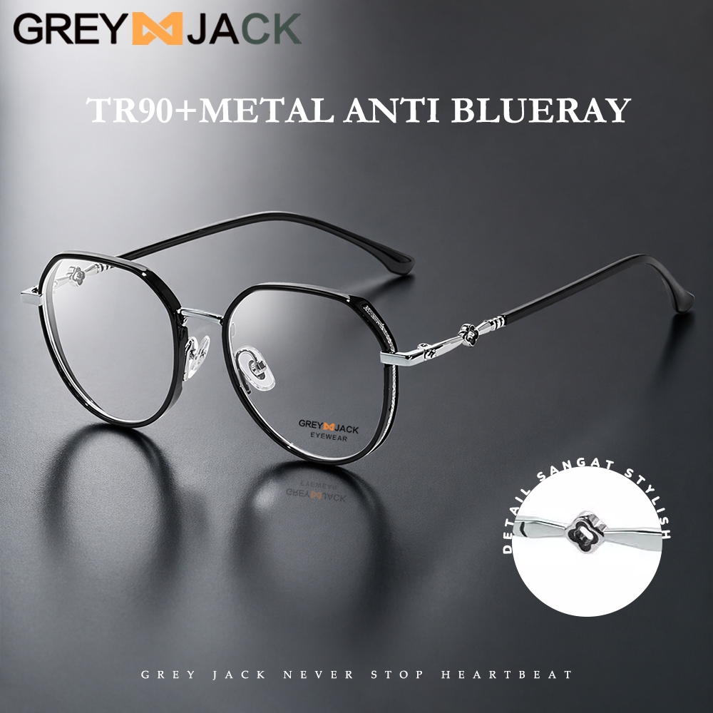 Grey Jack Kacamata Antiradiasi Blueray Model Bulat TR+Metal Fashion Pria Wanita Bisa Minus Simple Ke