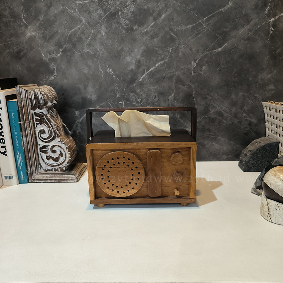 Tempat Tisu Kayu Unik Bentuk Radio Vintage | Kotak Tisu Estetik Minimalis Dekorasi Meja By Zyth Livi