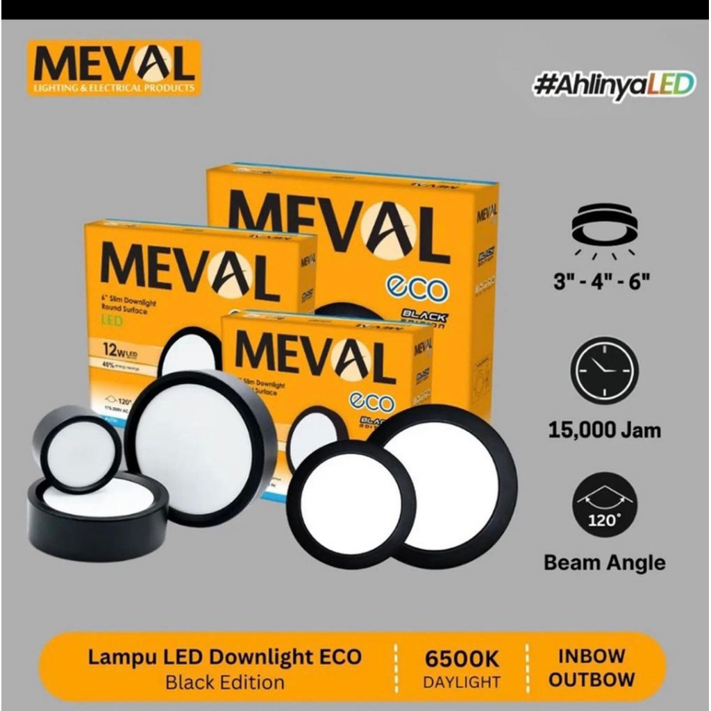 Meval Lampu Led Downlight Hitam Outbow dan Inbow 8W 9W 12W 18W Meval