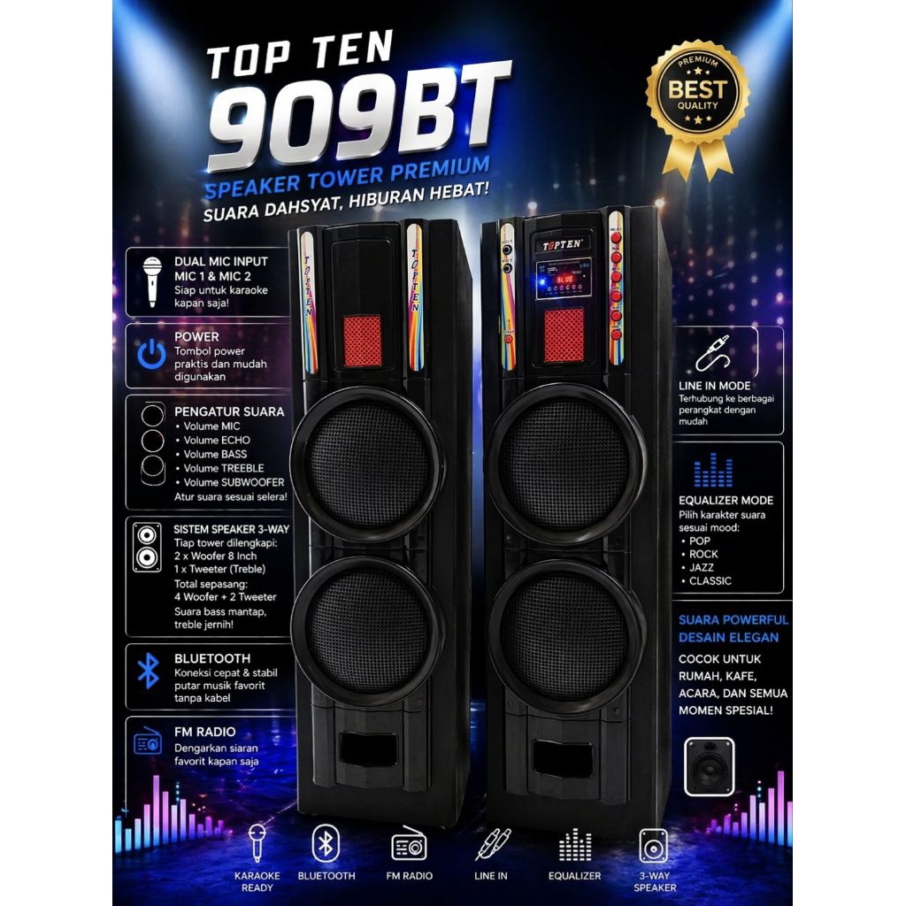 speaker bluetooth dan aktif Topten Sb-909bt ( 2 way speaker 8 inch woofer)