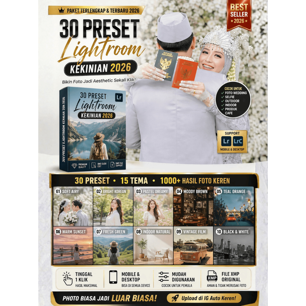 30 Preset Lightroom Kekinian 2026 XMP | Wedding Selfie Cafe Outdoor Produk | 1 Klik Aesthetic