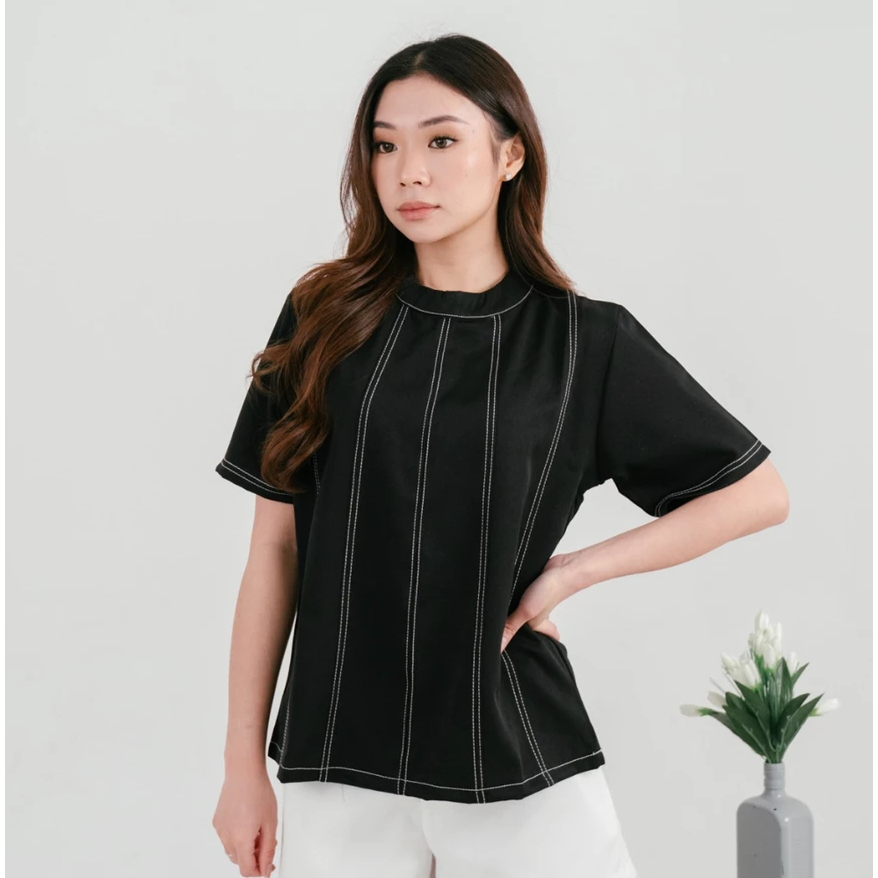 Foxquinn ELINA TOP / Blouse Wanita / Atasan Casual Wanita blus hitam lengan pendek hitam