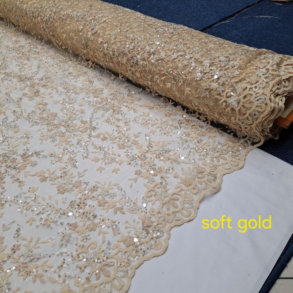 Kain tulle brokat kebaya wanita motif bunga timbul full payett terbaru