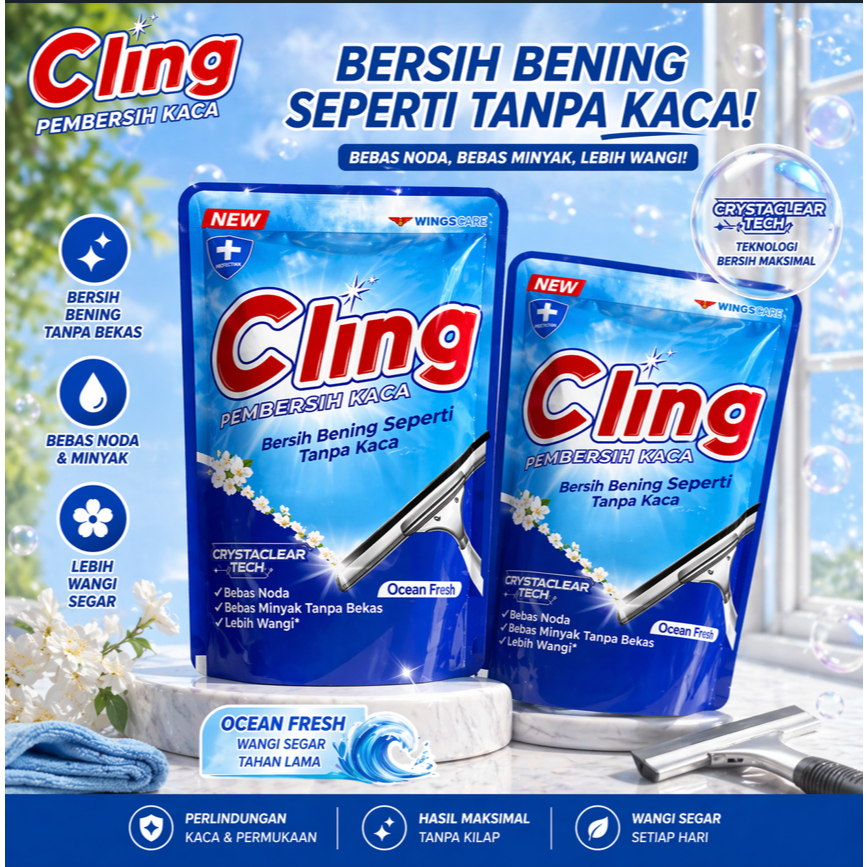 Cling Cairan Pembersih Kaca Kemasan Baru Refill 425 ml Pouch Isi Ulang - Biru | Ocean