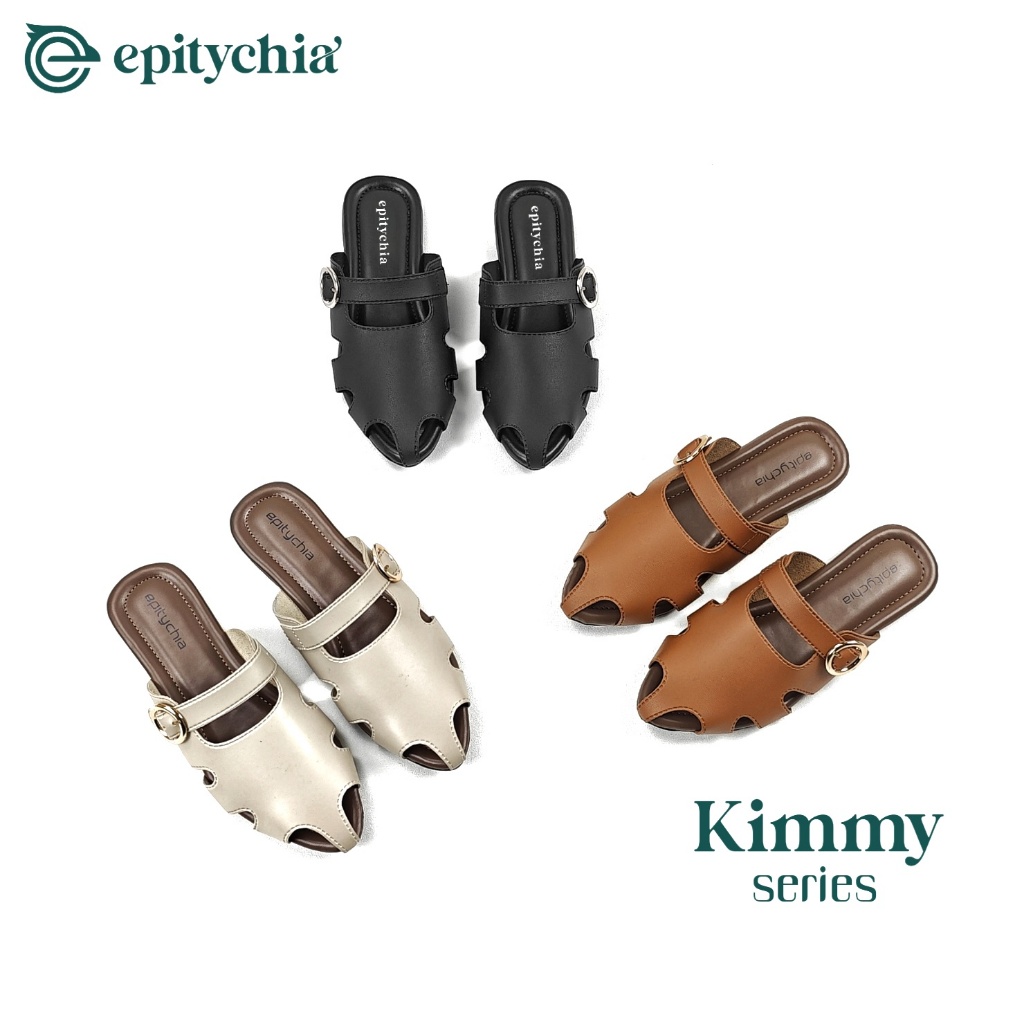 Epitychia - Kimmy Sandal Slip On Mules Flat Wanita Motif Tali Gesper Series Minimalis Mewah PU Nyama