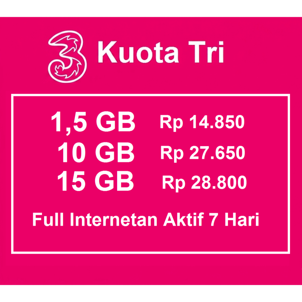 Kuota Murah Tri 15GB, 10GB, 1.5GB aktif 7 hari