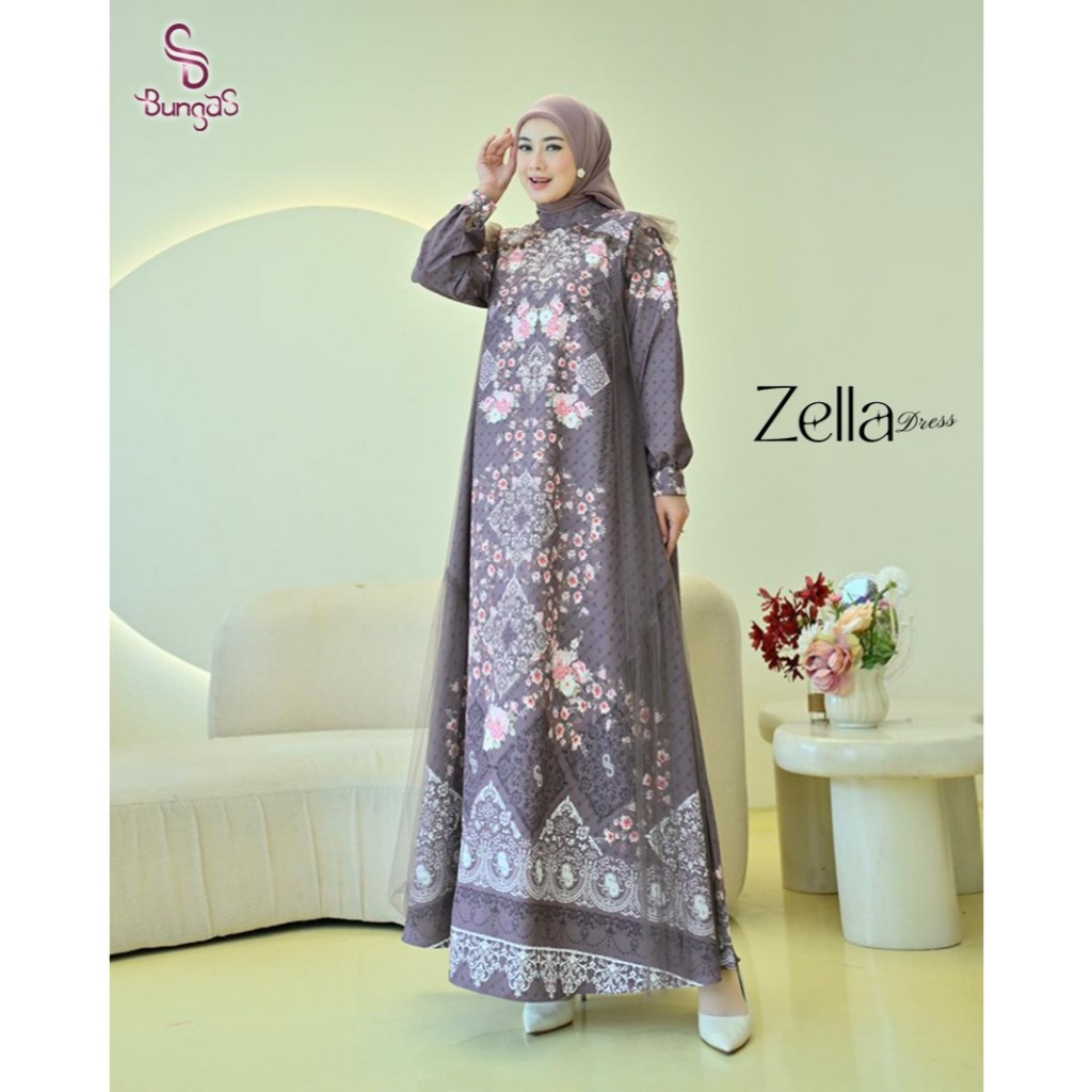 Gamis Muslimah Zella Dress Ungu Motif Bunga Polos Dan Renda Elegan