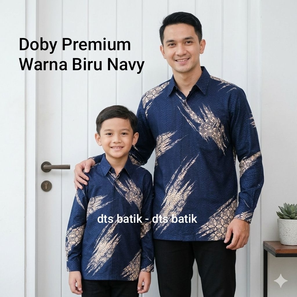 Batik Dobby Premium Kemeja Batik Lengan Panjang Pasangan Ayah Anak  warna Dasar Biru Navy