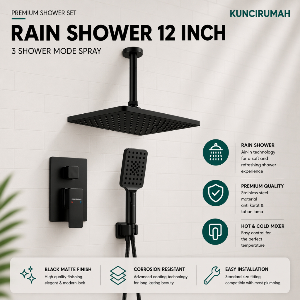 Rain shower set hitam 12 inch kuningan / Kran shower tanam  set black