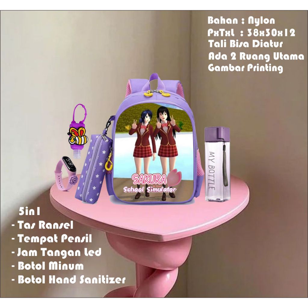 Paket Tas 5 in 1 Ransel Sekolah Anak Perempuan TK & SD Karakter Game SAKURA SCHOOL SIMULATOR