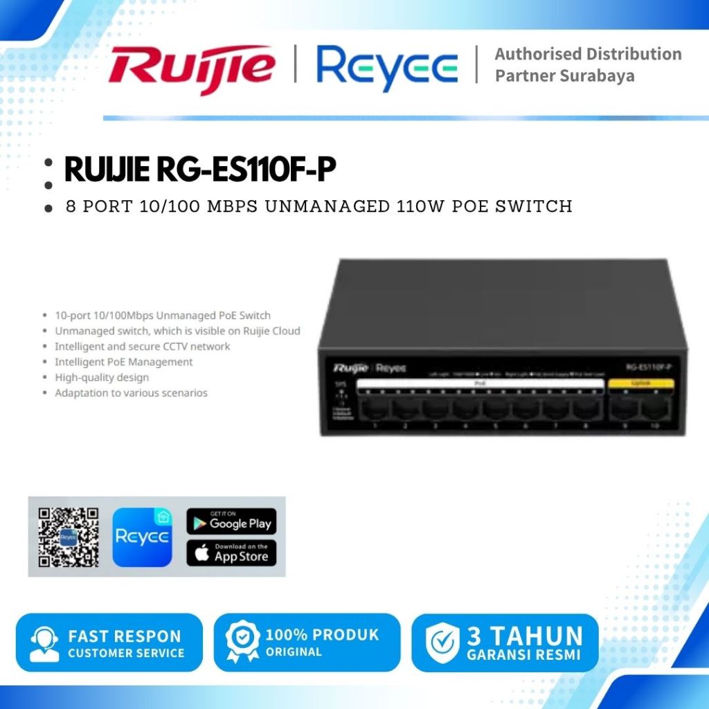 Ruijie Reyee RG-ES110F-P Switch POE 8 Port Unmanaged 110w poe switch