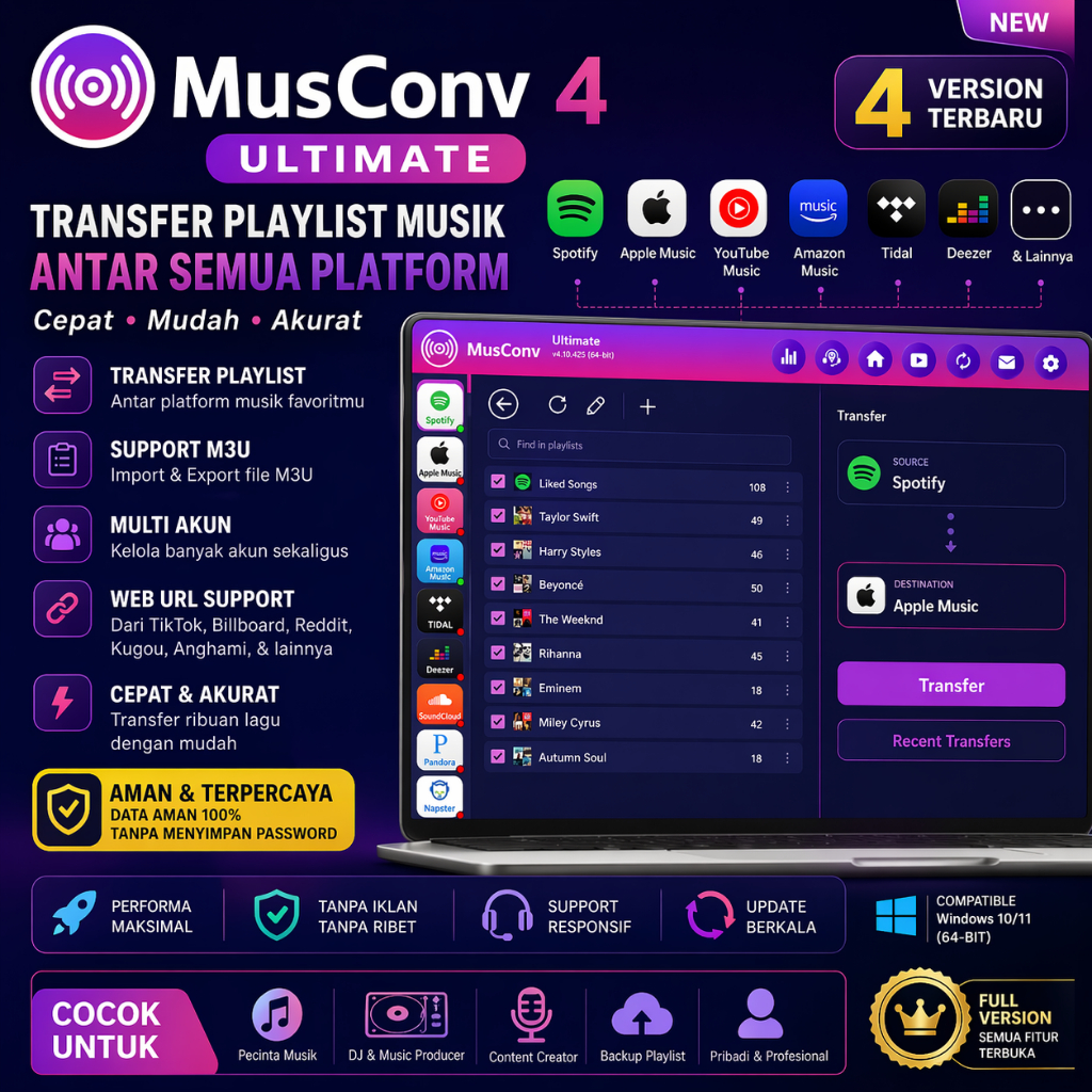 MusConv 4 Ultimate Full Version – Transfer Playlist Spotify, Apple Music, YouTube & M3U Mudah