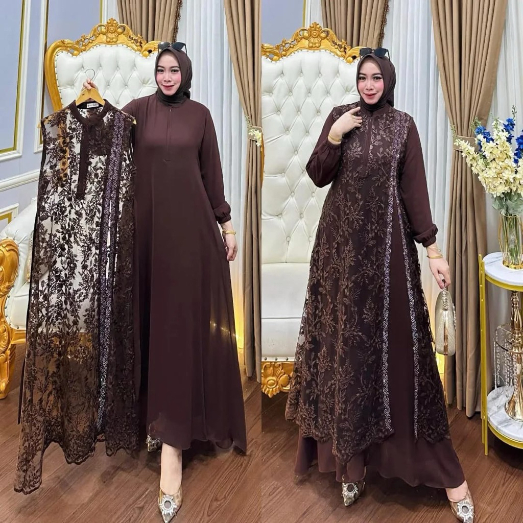 Freya Dress Gamis Brokat Kondangan Mewah Bahan Ceruty Babydoll Mix Tille Kezia Ukuran M L XL XXL Baj
